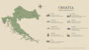 a color coded map of Croatia that displays the different regions with black outlines. to the right of the map is a key index with smaller images to show different tourist locations around the Mediterranean country 